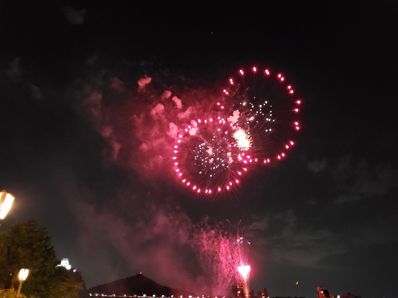 夜空を彩る赤紫色の二つの花火